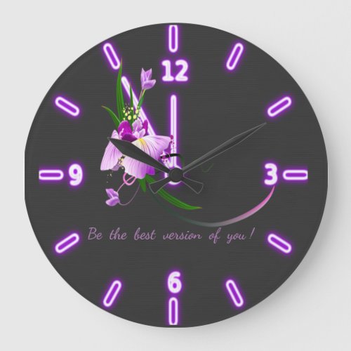 Pretty Elegant  Purple Flower_Black Background Large Clock