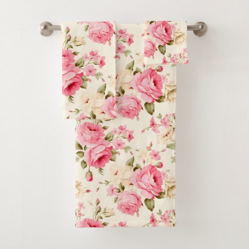 Pretty Elegant Vintage Cream Blush Pink Roses Bath Towel Set