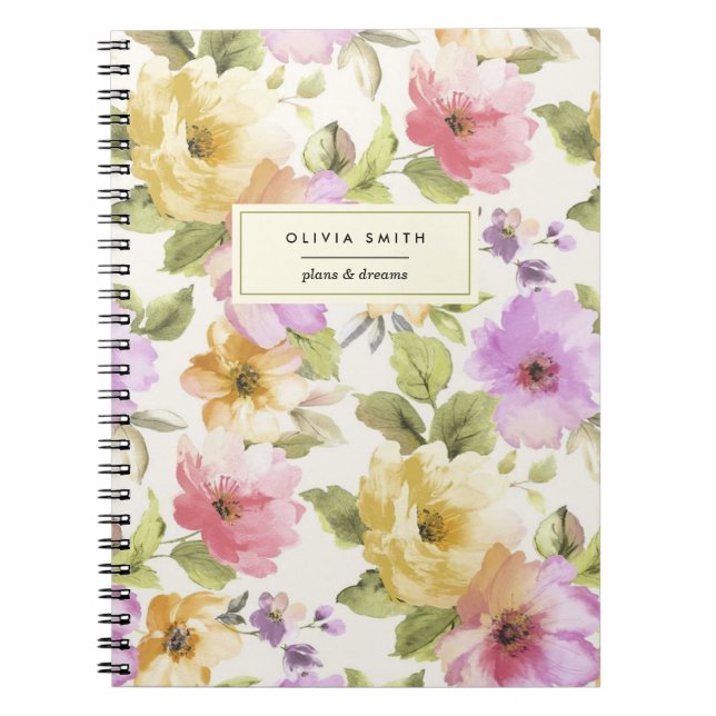 Pretty Elegant Watercolor Floral Girly Your Name Notebook (Front)