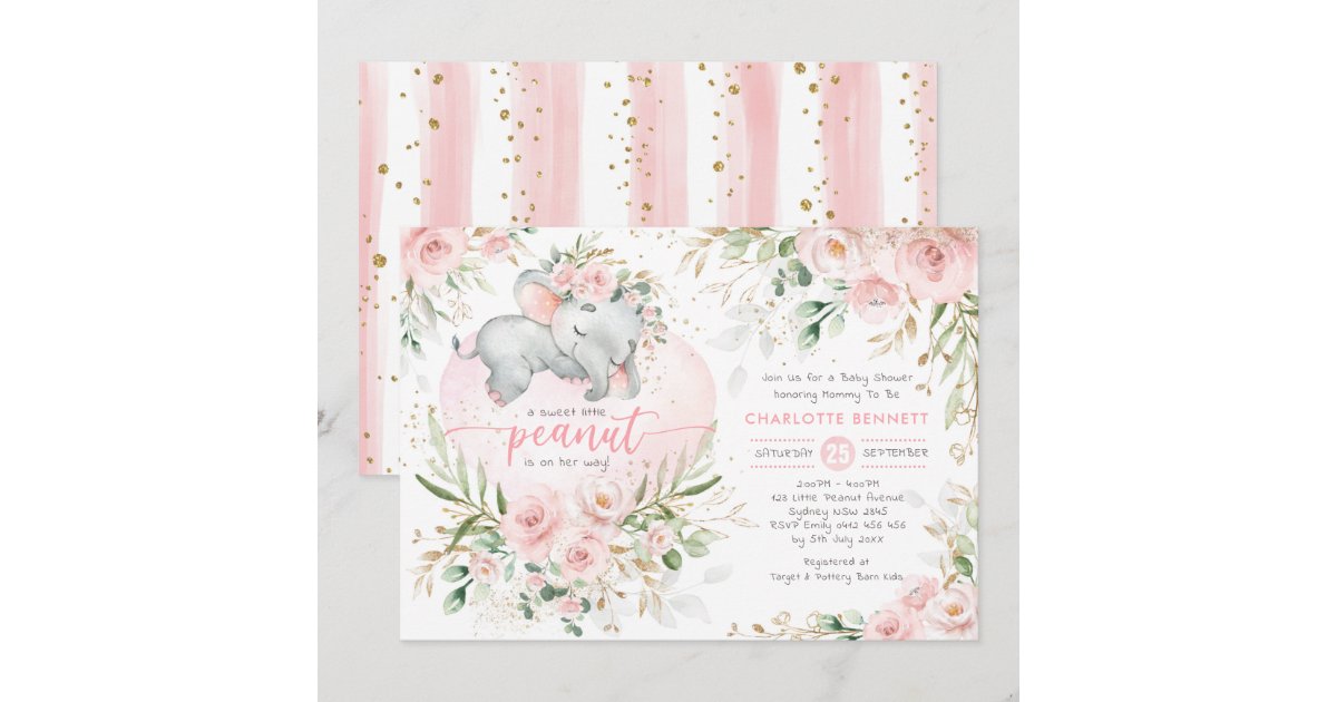 Pretty Elephant Blush Pink Gold Floral Baby Shower Invitation | Zazzle