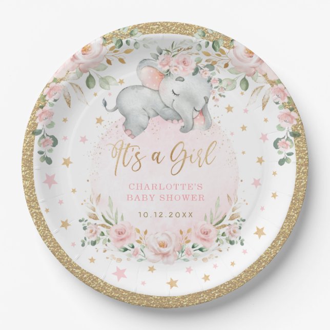 Pretty Elephant Blush Pink Gold Flower Baby Shower Paper Plates (Front)