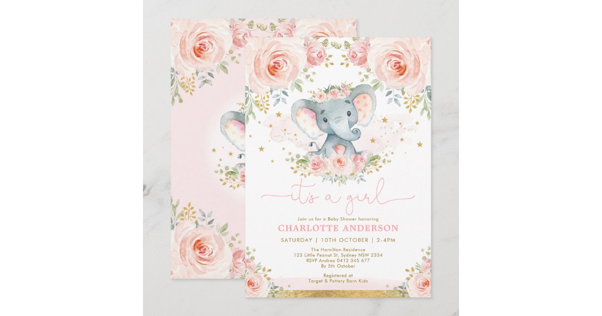 Pretty Elephant Blush Pink Roses Baby Girl Shower Invitation | Zazzle