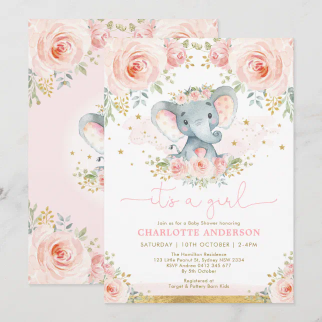 Pretty Elephant Blush Pink Roses Baby Girl Shower Invitation | Zazzle