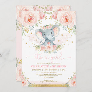 Pretty Elephant Blush Pink Roses Baby Girl Shower Invitation