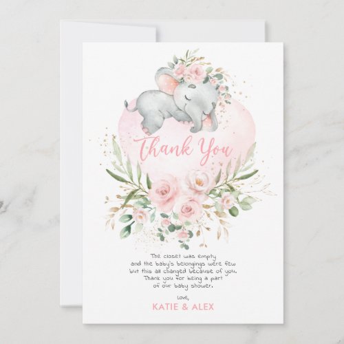 Pretty Elephant Pink Blush Gold Floral Baby Shower Thank You Card