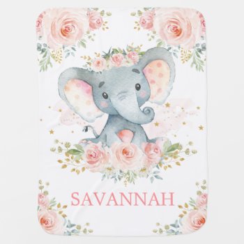 Pretty Elephant Pink Gold Floral Girl Baby Blanket by BlueBunnyStudio at Zazzle