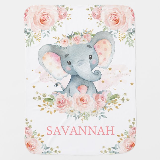 Pretty Elephant Pink Gold Floral Girl Baby Blanket (Front)