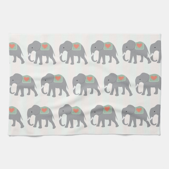 Pretty Elephants Coral Peach Mint Green Striped Towel (Horizontal)