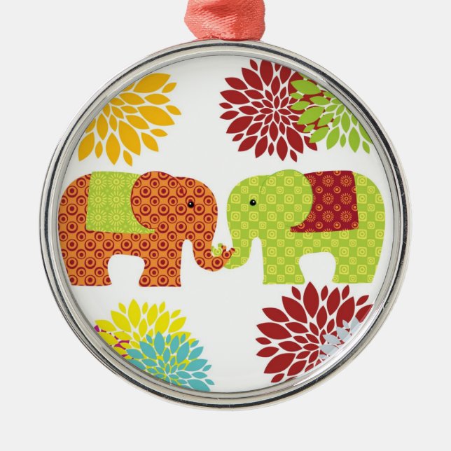 Pretty Elephants in Love Holding Trunks Flowers Metal Ornament (Front)