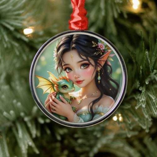 Pretty Elven Fairy &amp; Dragon Ethereal Christmas Metal Ornament