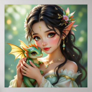 Pretty Elven Fairy & Dragon Poster