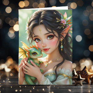 Pretty Elven Fairy & Dragon Thinking About You Card