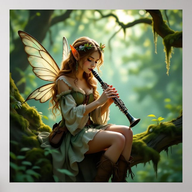 Pretty Elven Fairy Playing Clarinet Poster (Front)