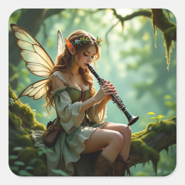 Pretty Elven Fairy Playing Clarinet Square Sticker (Front)