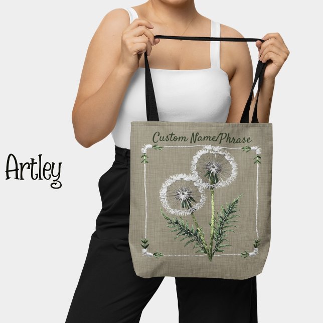 Pretty Embroidery Style Dandelions Custom Name  Tote Bag (Creator Uploaded)