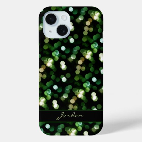 Pretty Emerald Green  Gold Sparkle Lights w Name iPhone 15 Case