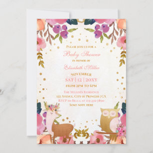 Pretty Enchanted Forest Animal Baby Girl Shower Invitation