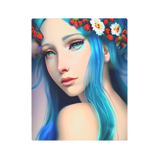 Pretty Enchanted Girl with Flowers | Fairy Tale Metal Print (Front)