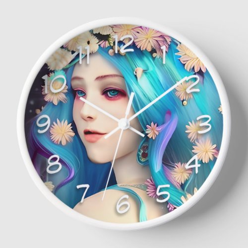 Pretty Ethereal Girl with Flowers   Clock
