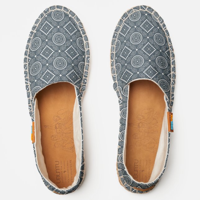 Pretty Ethnic Blue White Floral Geometric Pattern Espadrilles (Front)