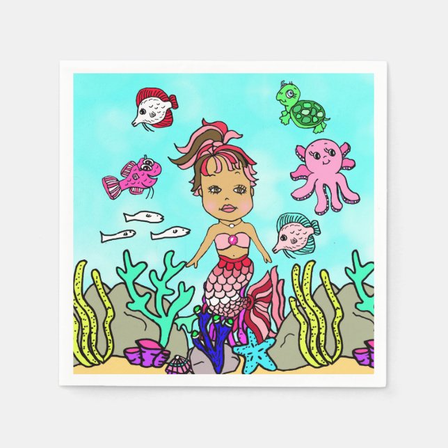 Pretty Ethnic Mermaid Birthday Napkins (Front)