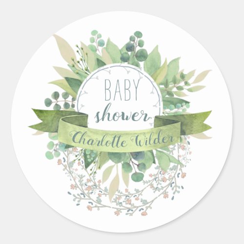 Pretty Eucalyptus Floral Vines Baby Shower  Classi Classic Round Sticker