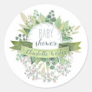 Pretty Eucalyptus Floral Vines Baby Shower Classi Classic Round Sticker
