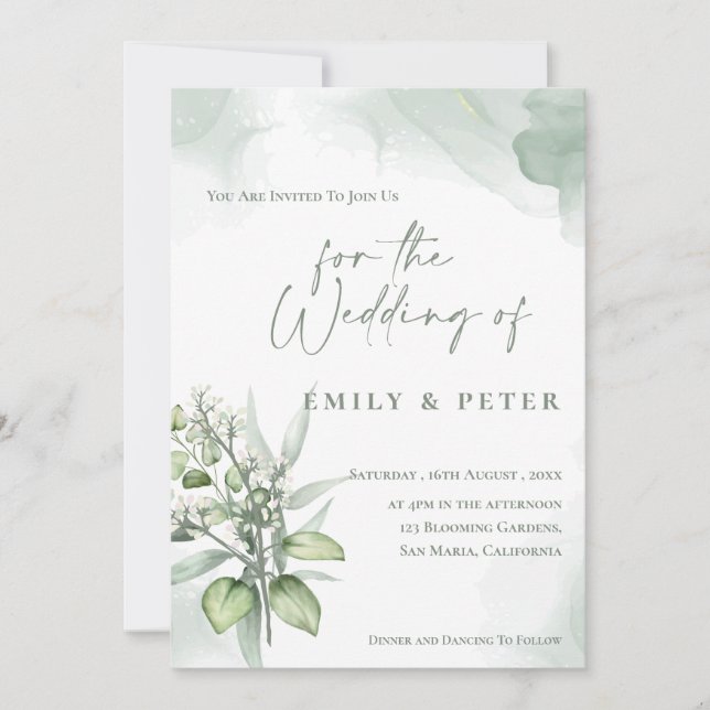 Pretty Eucalyptus Leaves Monogram Greenery Wedding Invitation (Front)