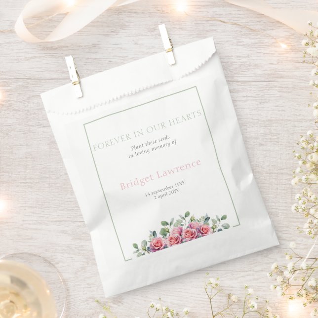 Pretty Eucalyptus Pink Roses Funeral Seed Packet Favor Bag (Clipped)
