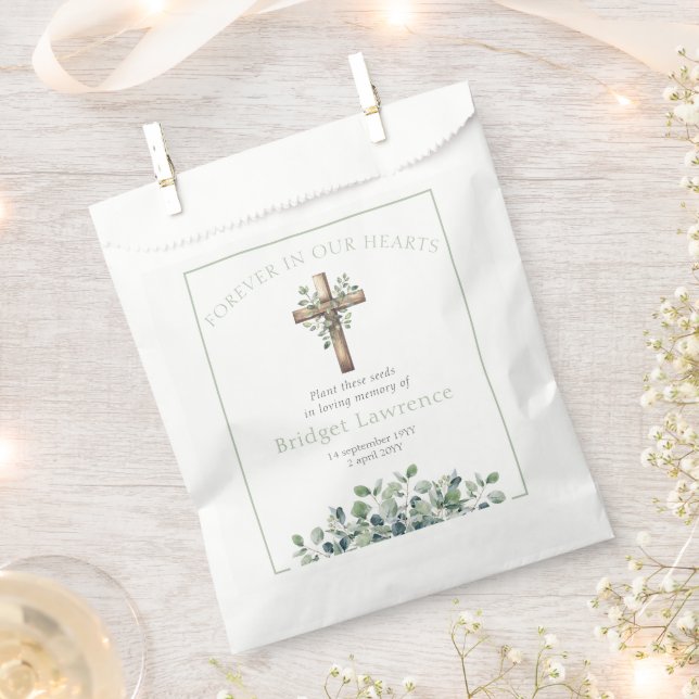 Pretty Eucalyptus Wooden Cross Funeral Seed Packet Favor Bag (Clipped)