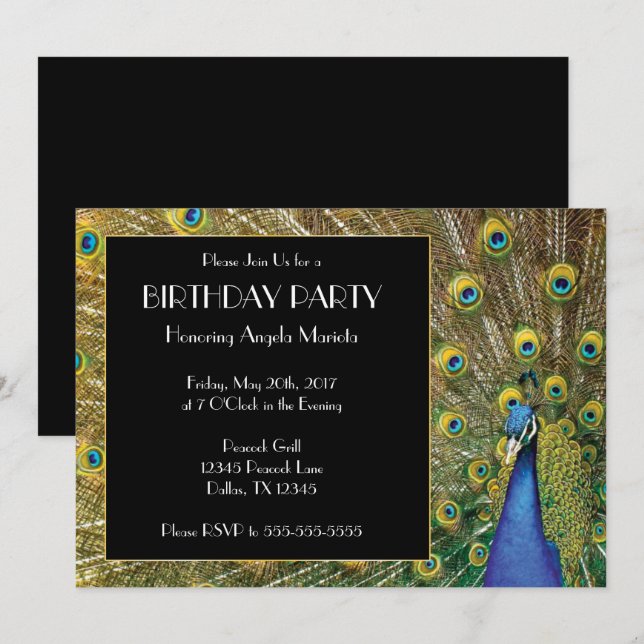 Pretty Exotic Peacock Photo Birthday Invitation (Front/Back)