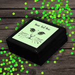 Pretty face of cat in black Green Eyes Whiskers Gift Box<br><div class="desc">This wood gift box for trinkets,  jewelry,  or gift giving has the pretty face of a cat drawn in black with intense green eyes and long whiskers on a light green background.  Customise your text with the template.</div>