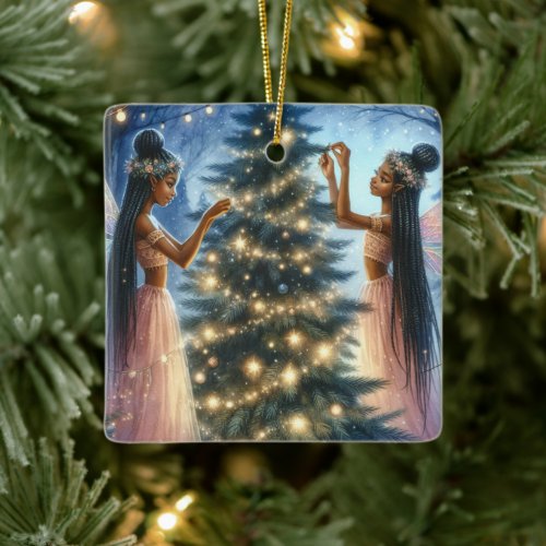 Pretty Fairies Decorating the Christmas Tree  Ceramic Ornament