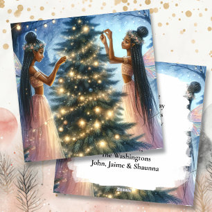 Pretty Fairies Decorating the Christmas Tree Holiday Card