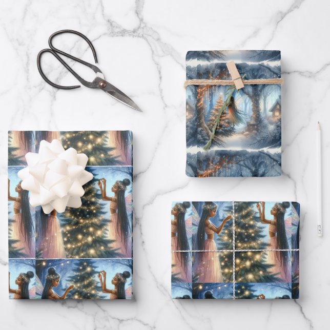 Pretty Fairies Decorating the Christmas Tree  Wrapping Paper Sheets (Front)
