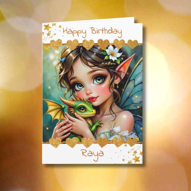 Pretty  Fairy and Dragon Themed Girl's Birthday Card (Creator Uploaded)
