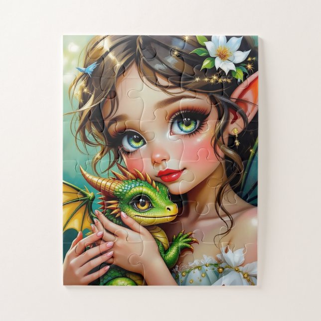 Pretty  Fairy and Dragon Themed Girl's   Jigsaw Puzzle (Vertical)