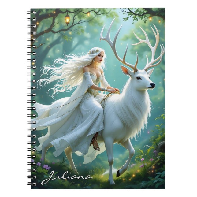 Pretty Fairy and White Deer in Enchanted Forest Notebook (Front)