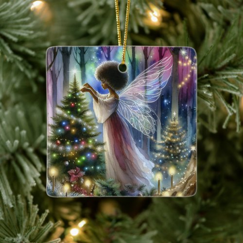 Pretty Fairy Decorating the Christmas Tree  Ceramic Ornament