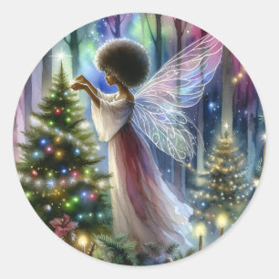 Pretty Fairy Decorating the Christmas Tree  Classic Round Sticker