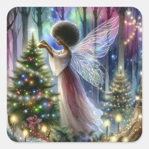 Pretty Fairy Decorating the Christmas Tree Square Sticker