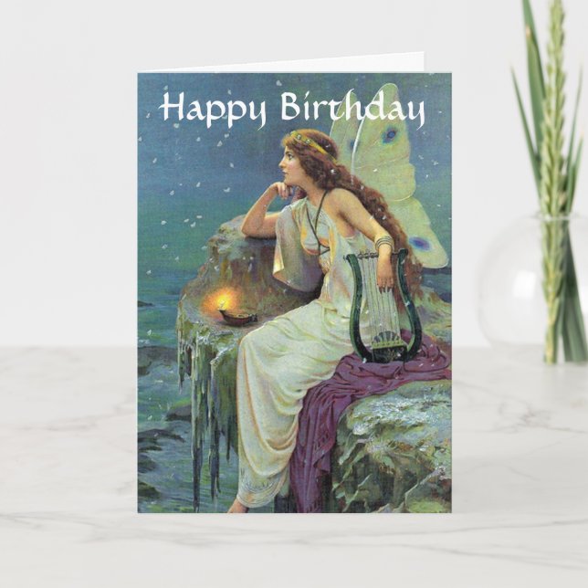 Pretty Fairy Fae Harp Candle Ocean Birthday Card (Front)