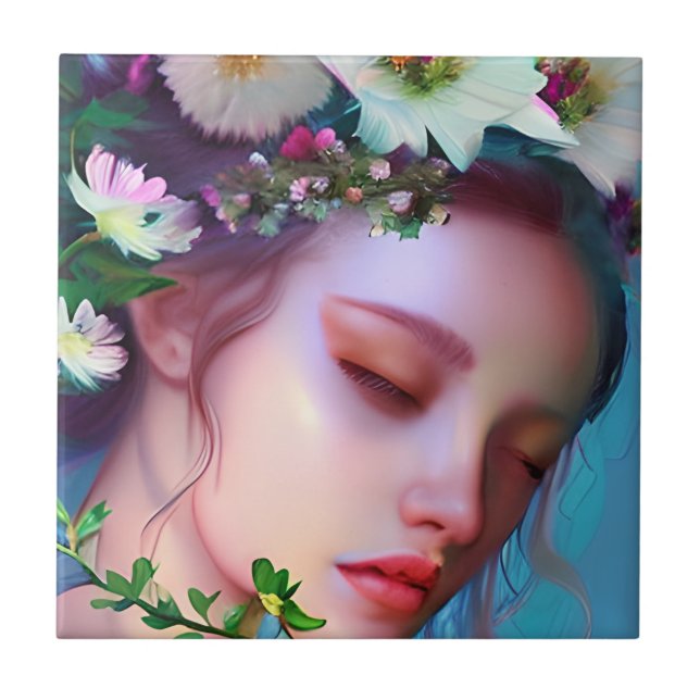 Pretty Fairy Flowers in Hair Fantasy Art   Ceramic Tile (Front)