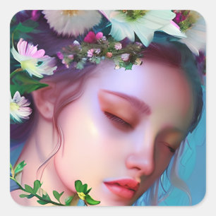 Pretty Fairy Flowers in Hair Fantasy Art Square Sticker