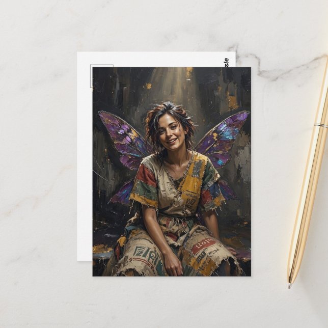 Pretty Fairy in a Recycled Dress of Colorful Rags Postcard (Front/Back In Situ)