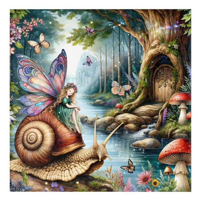 Pretty Fairy Land with cute Snail and Butterflies Acrylic Print (Front)