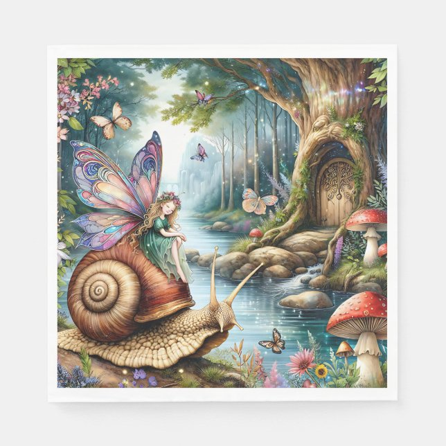 Pretty Fairy Land with cute Snail and Butterflies Napkins (Front)