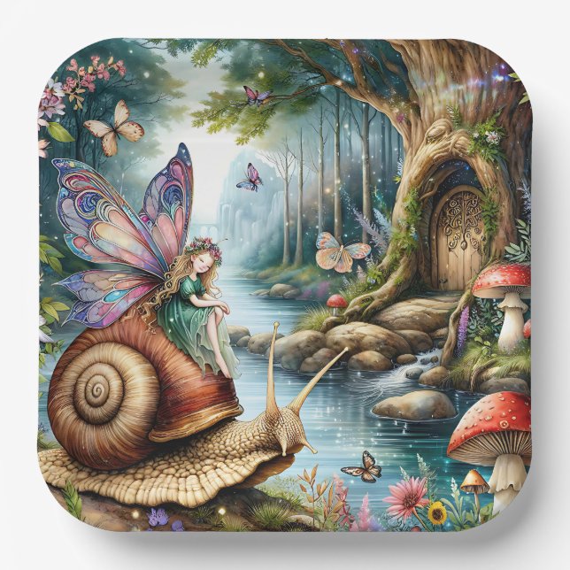 Pretty Fairy Land with cute Snail and Butterflies Paper Plates (Front)