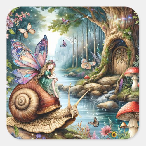 Pretty Fairy Land with cute Snail and Butterflies Square Sticker
