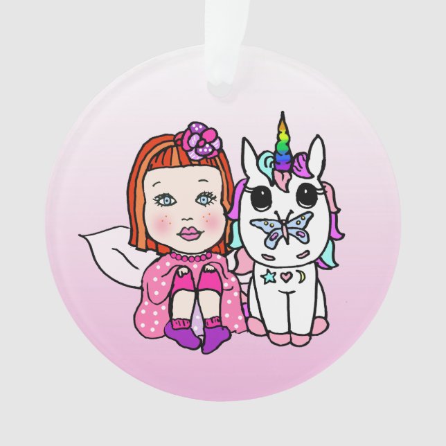 Pretty Fairy & Rainbow Unicorn & Butterfly Ornament (Front)